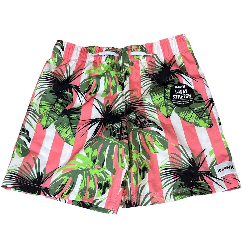 Hurley Boys Swim Trunks Size 7 Sunset Coral Tropical Palm Striped Board Shorts